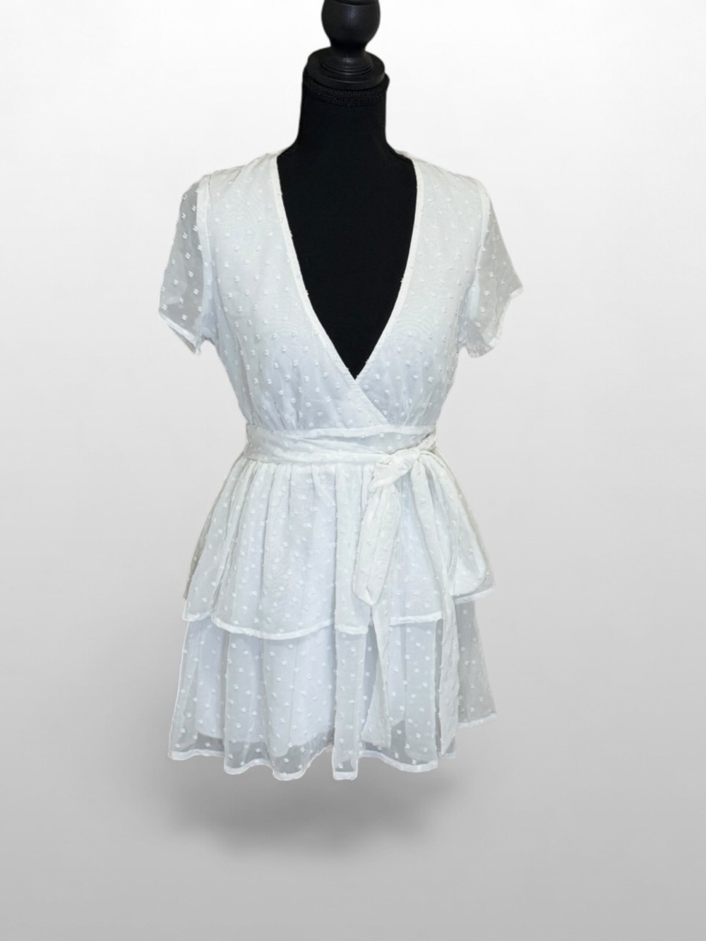 Lulu the Sun Swiss Dot Wrap Dress Womens S White Tiered Mini Cottagecore